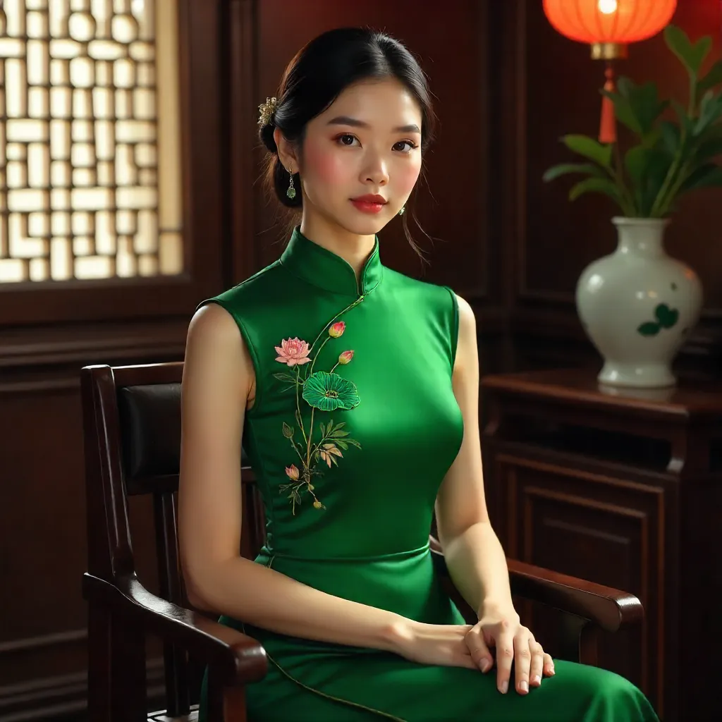 Green Ao Dai Portrait: Vietnamese Heritage Indoors