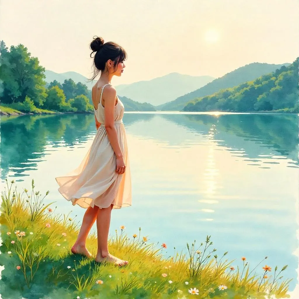 Watercolor Portrait by the Lake: Young Asian Woman
