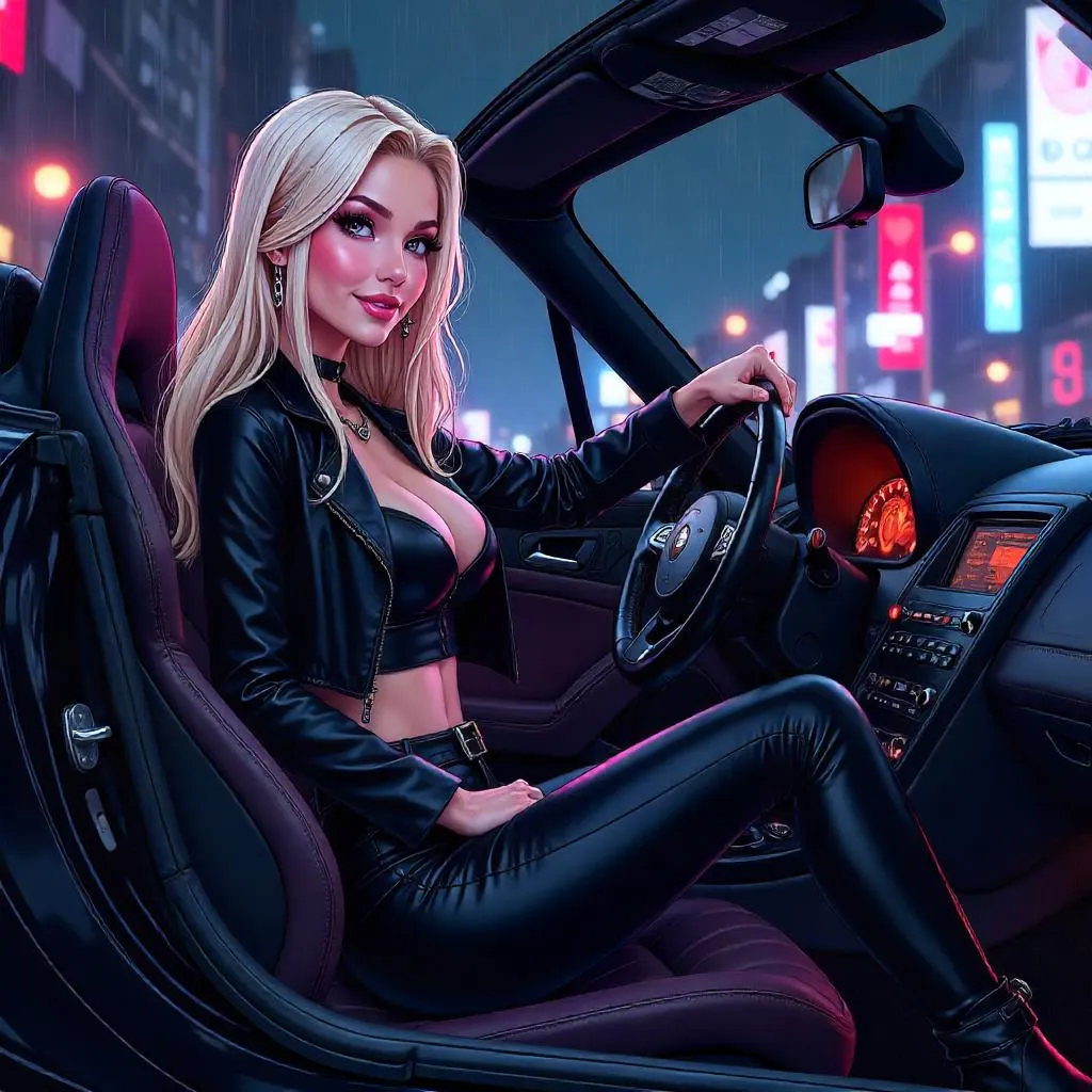 Anime-Style Stylish White Woman in a Car