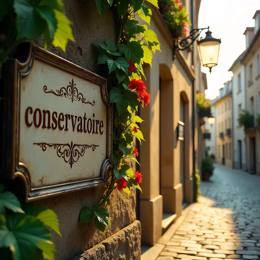Twisting Vine by a Conservatoire Sign on Cobblestones