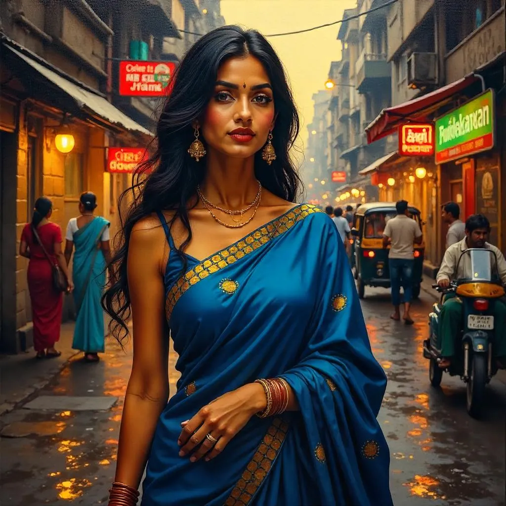 Oil Portrait of an Indian Woman on a Lively City Street