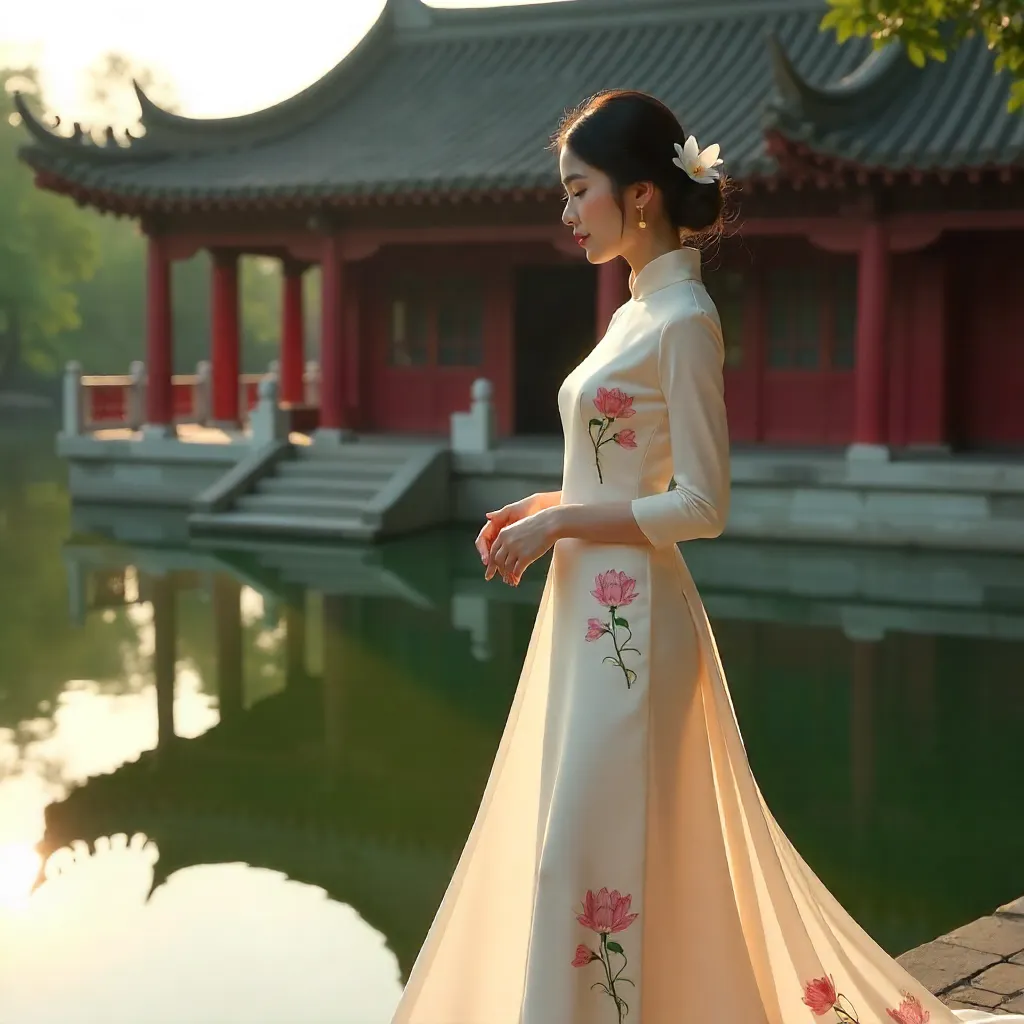 Elegant Ao Dai by Temple with Serene Water Reflection