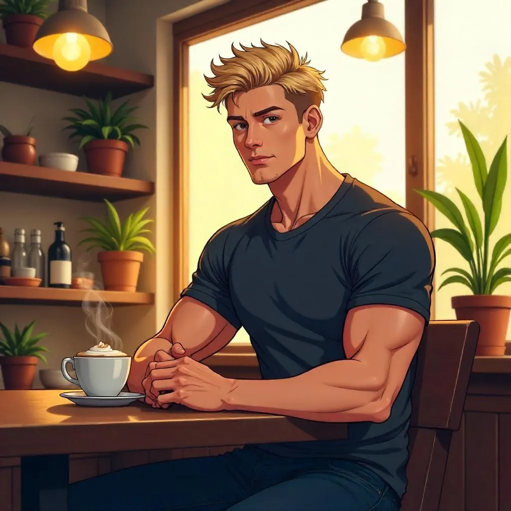 Athletic White Man in an Anime Café Scene