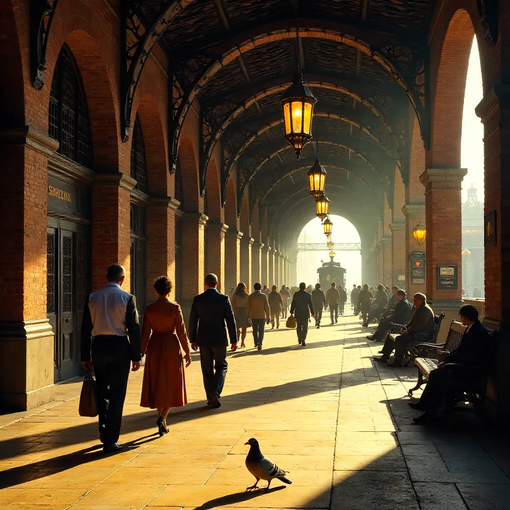 Sunlit Walk on a Historic Arched Railway Platform