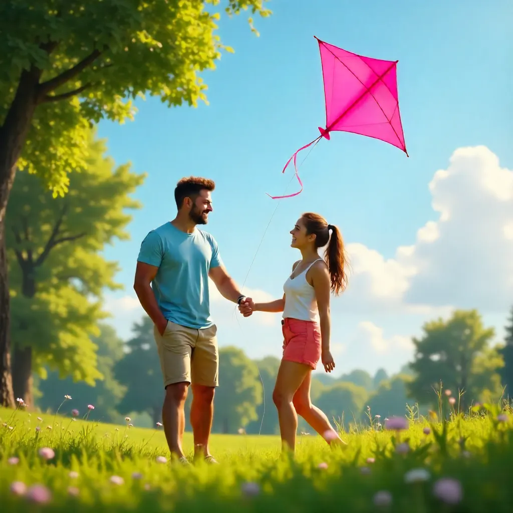 Two Friends Enjoying a Sunny Day Flying a Pink Kite