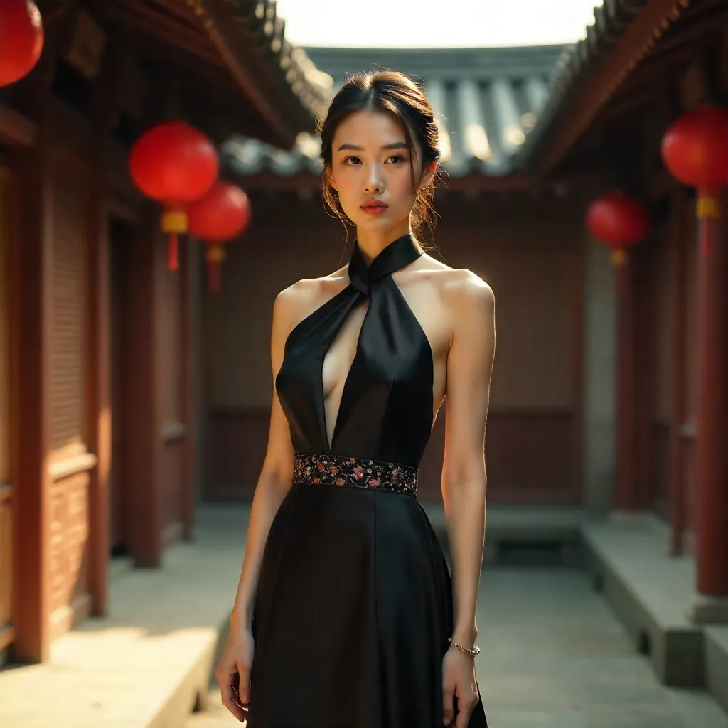 Elegance in Black Before Traditional Asian Architecture