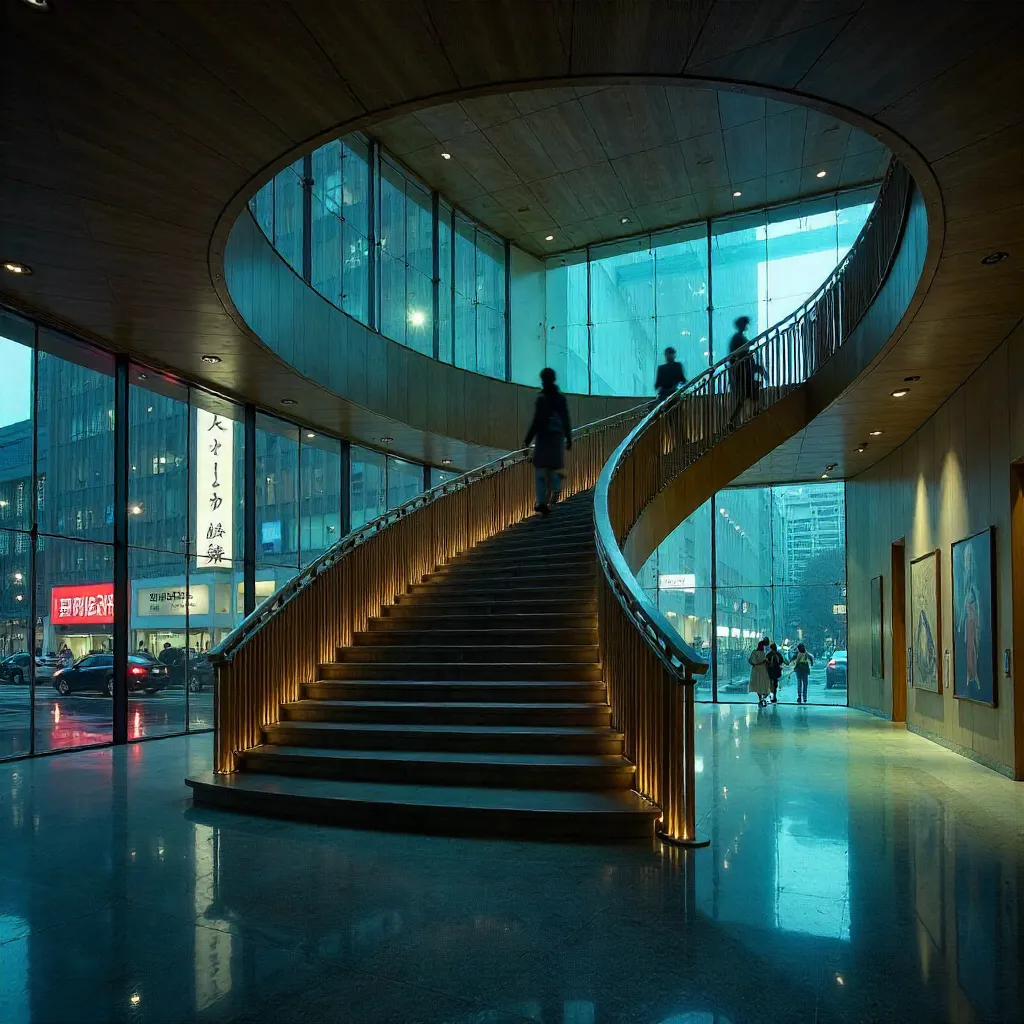 Blurred Figures on a Winding Tokyo Museum Staircase