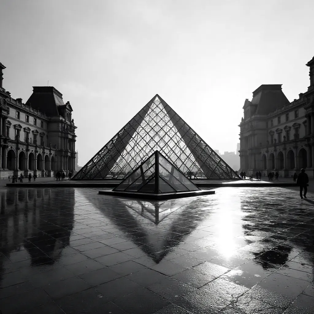 Monochrome Majesty: Louvre Pyramid in Paris