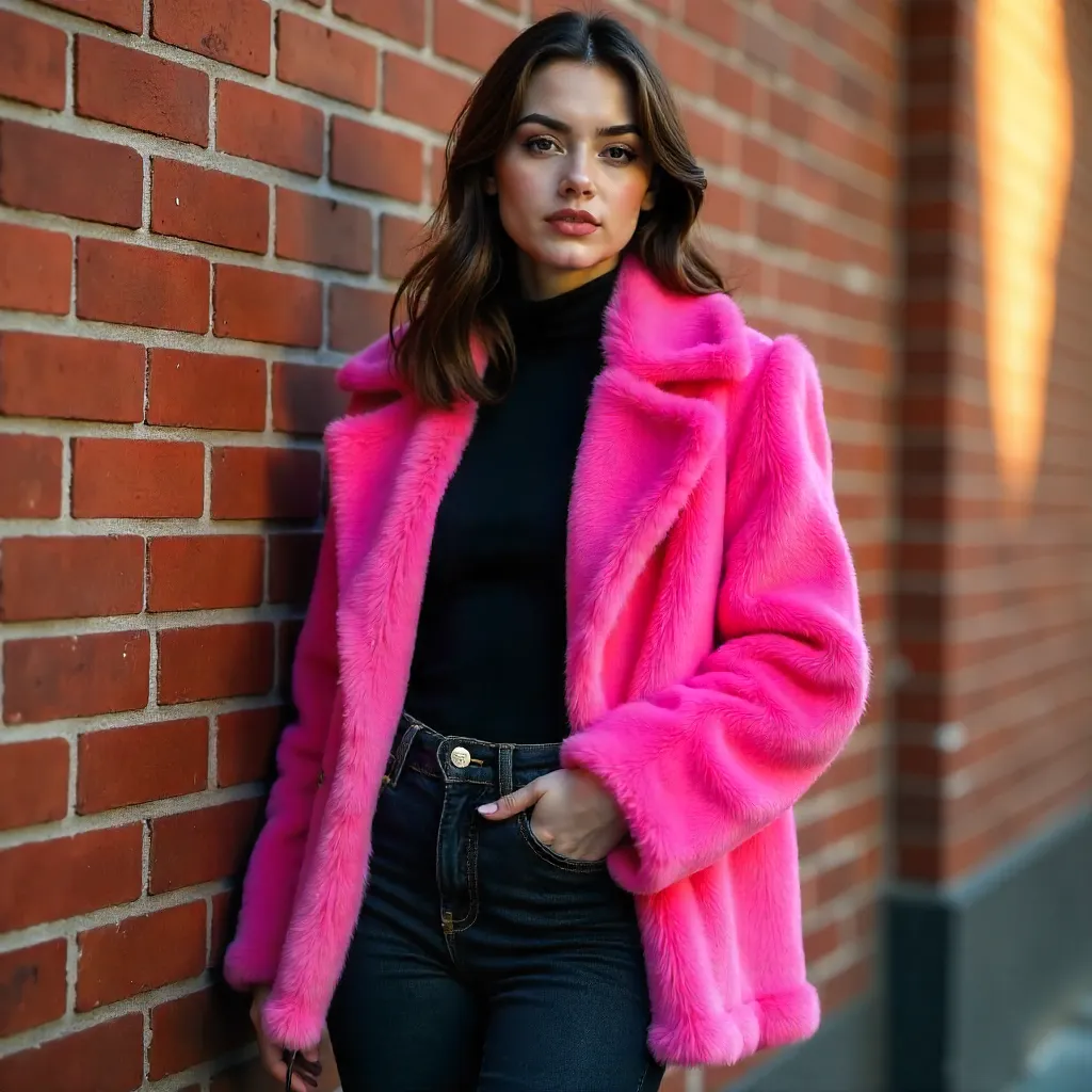 Pink Faux Fur Coat Chic Pose by Brick Wall