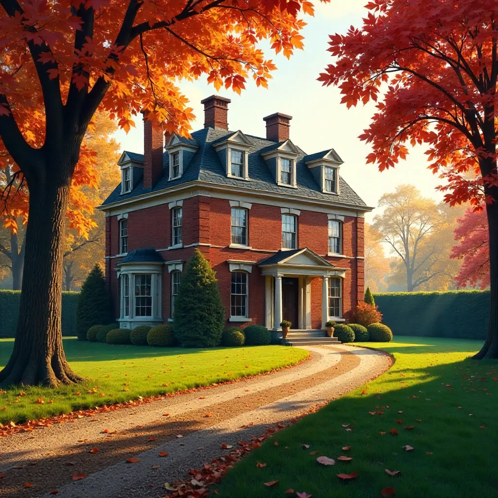 Autumn Serenity: Brick Mansion Framed by Fall Foliage