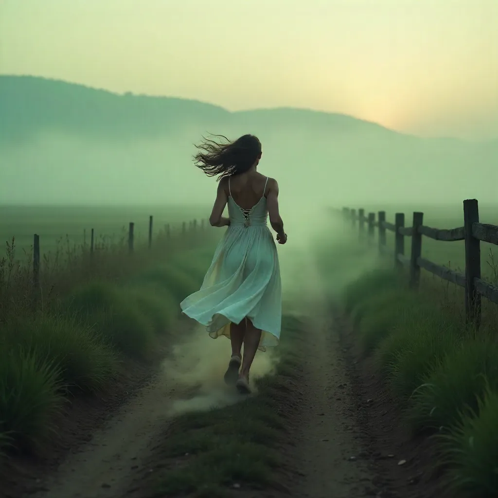 Freedom in the Fog: Woman Dashing Across the Rural Landscape