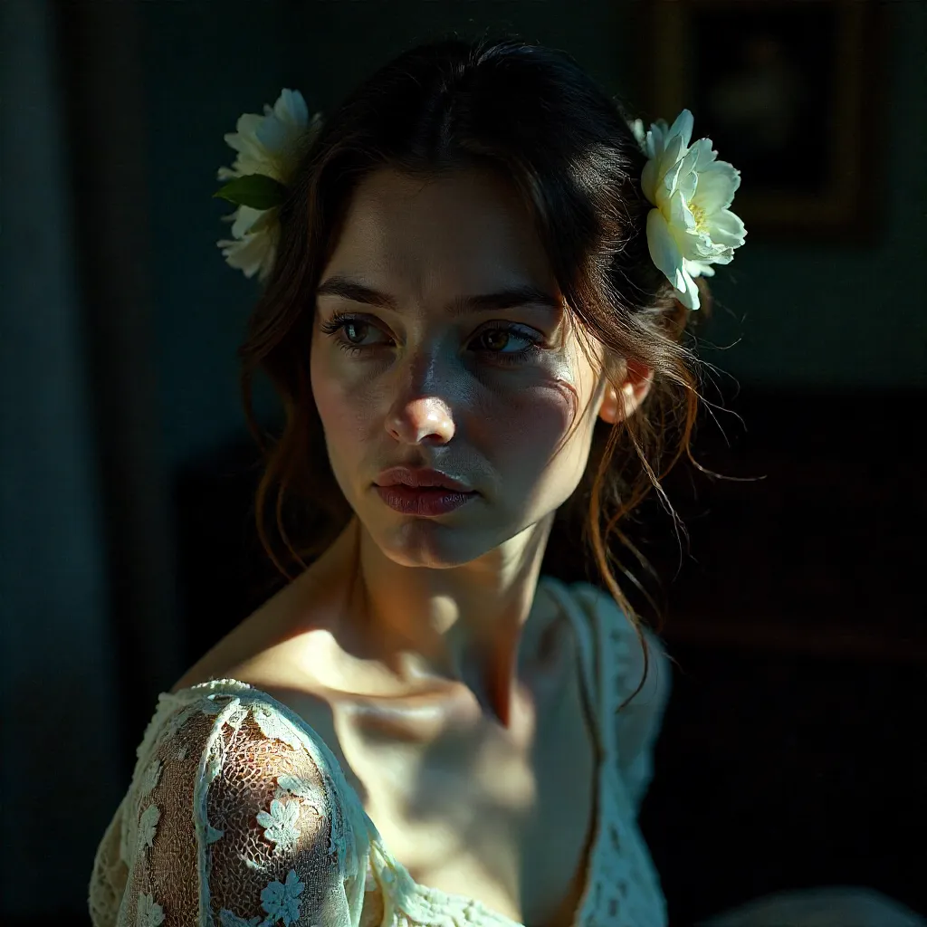 Moody Portrait: Woman with White Flowers in Soft Light