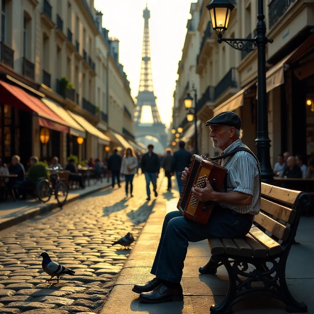 Accordion Player on a Parisian Bench at Dusk