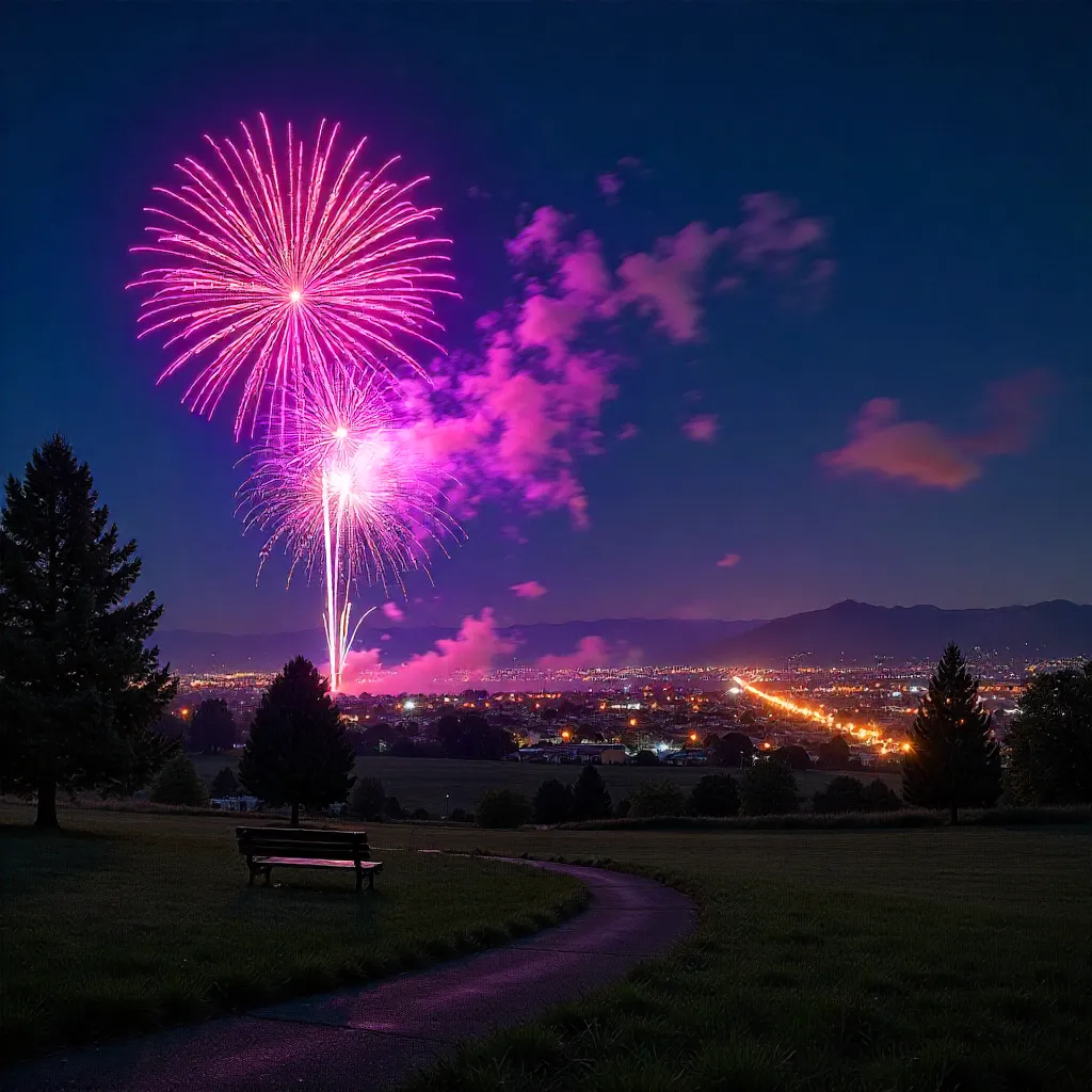Purple and Gold Fireworks Over Caldwell, Idaho