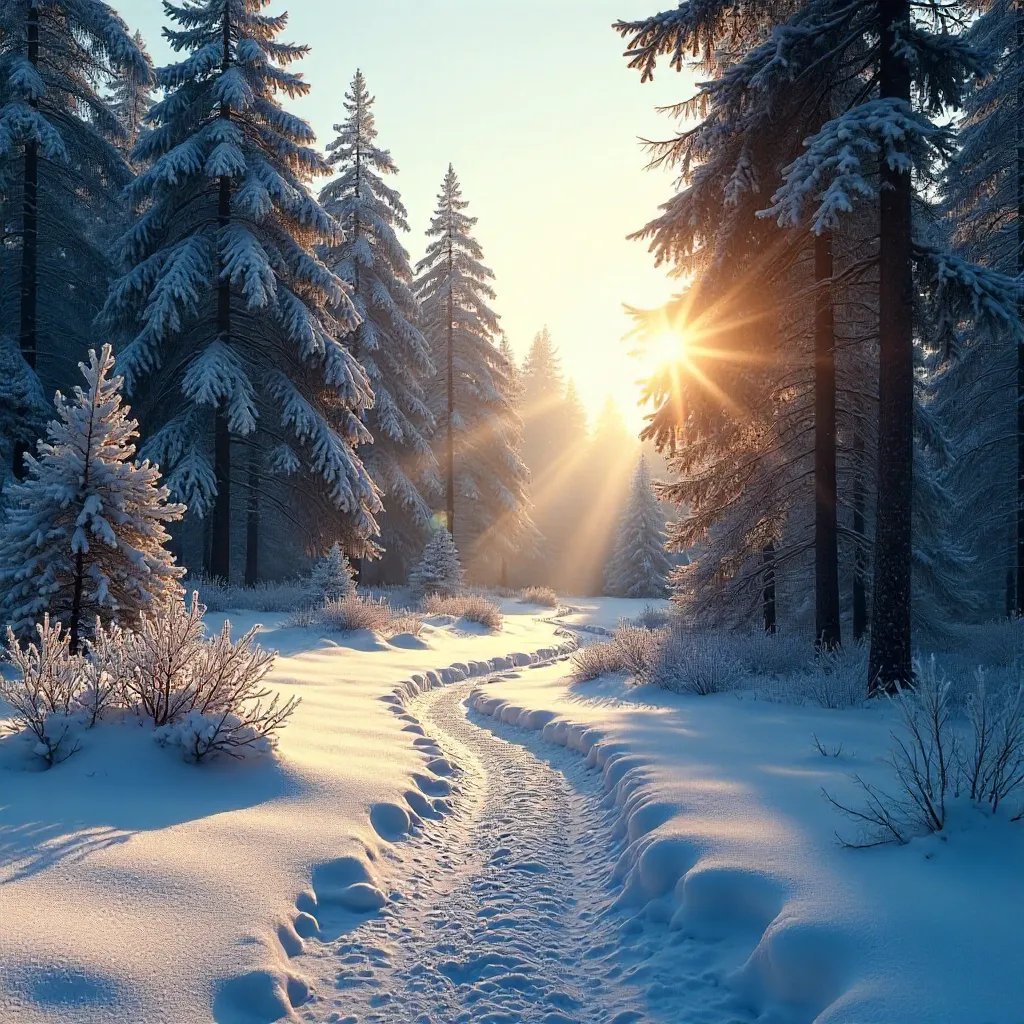 Sunburst Through a Snowy Winter Forest
