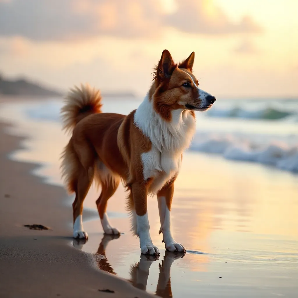 Brown Border Collie on a Serene Deserted Beach