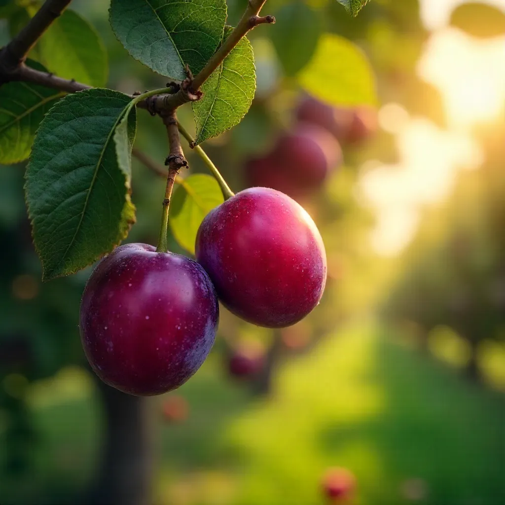 Vibrant Plums in a Sunlit Summer Orchard