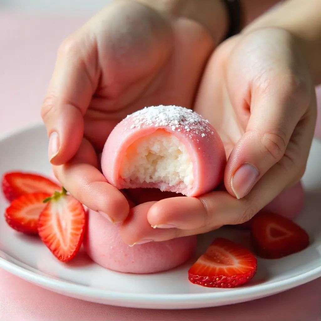 Close-Up: Hands Holding Pink Strawberry Mochi with Fresh Slices