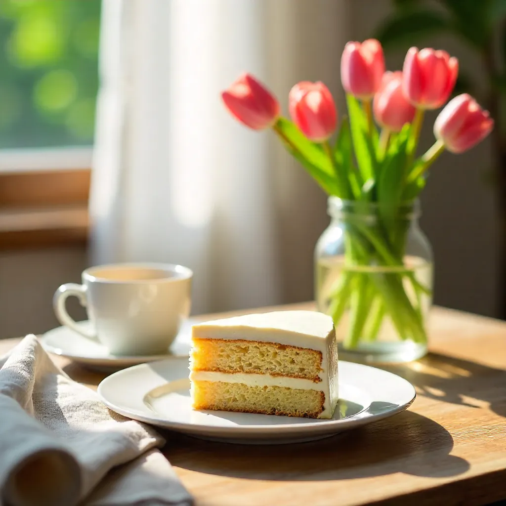 Serene Brunch: Cake, Tulips, and Chai