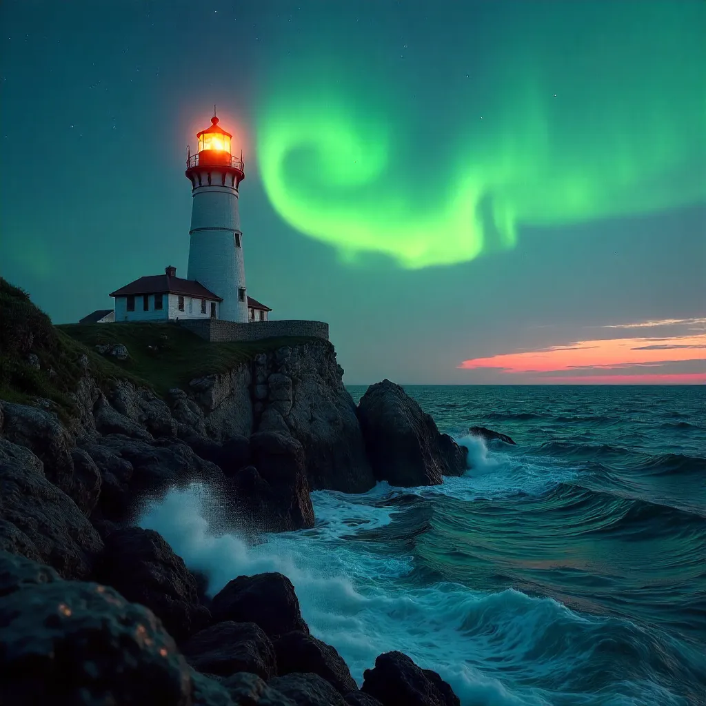Beacon under Emerald Aurora at Dusk