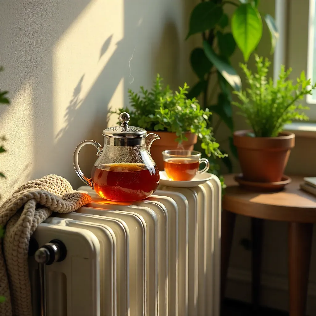 Glass Teapot and Mug on a Radiator in a Cozy Plant Corner