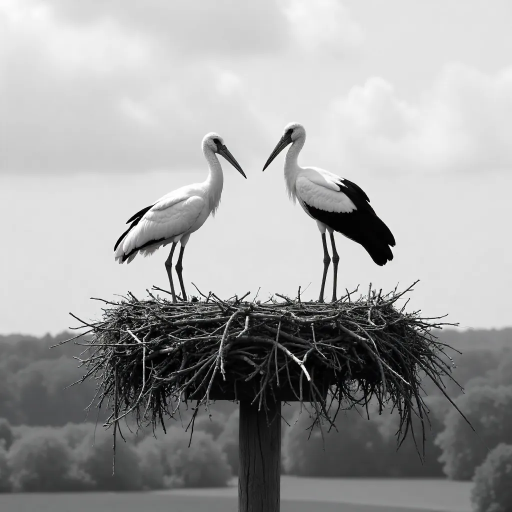 Monochrome Stork Pair on Nest in German Countryside