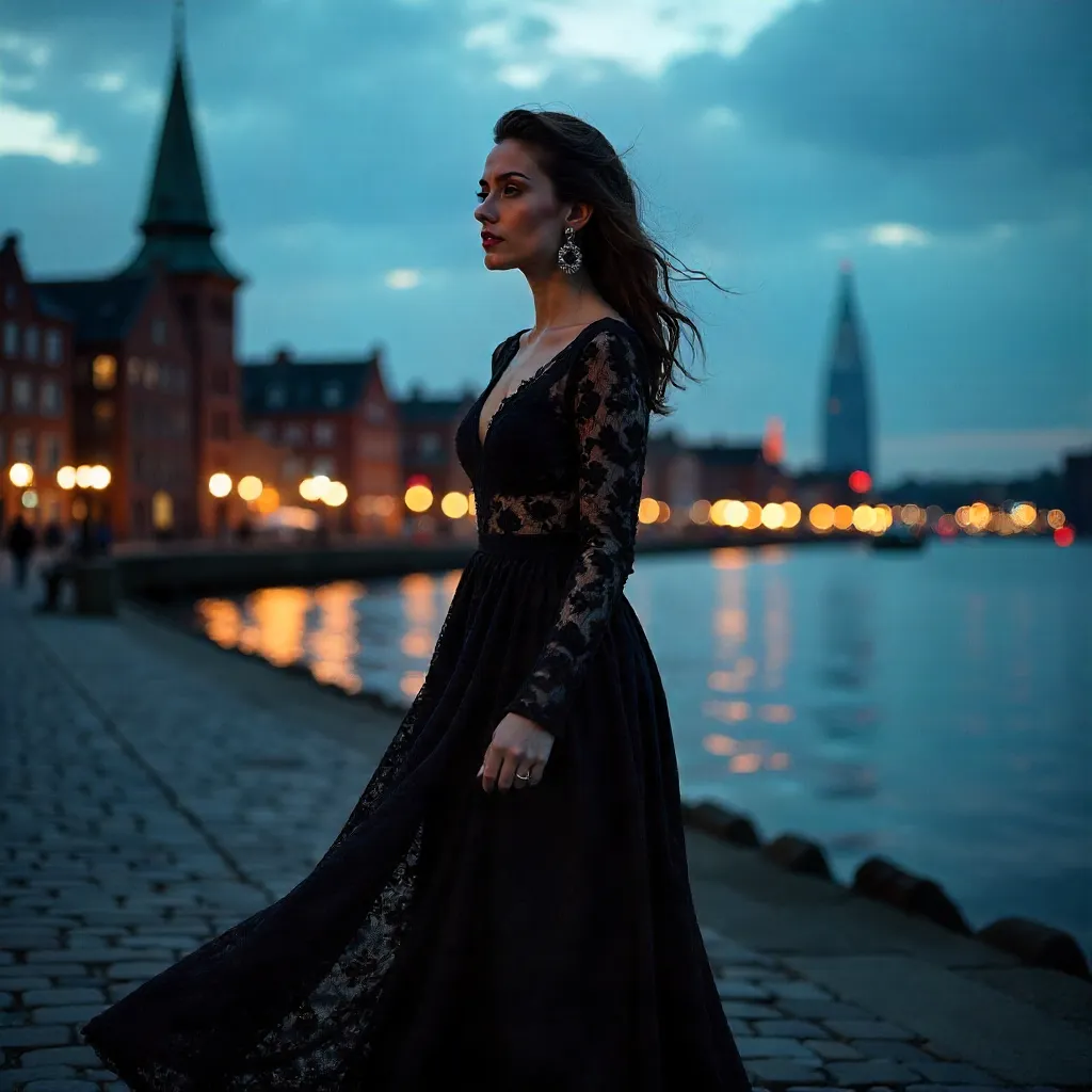 Black Lace Chic in Hamburg Cityscape