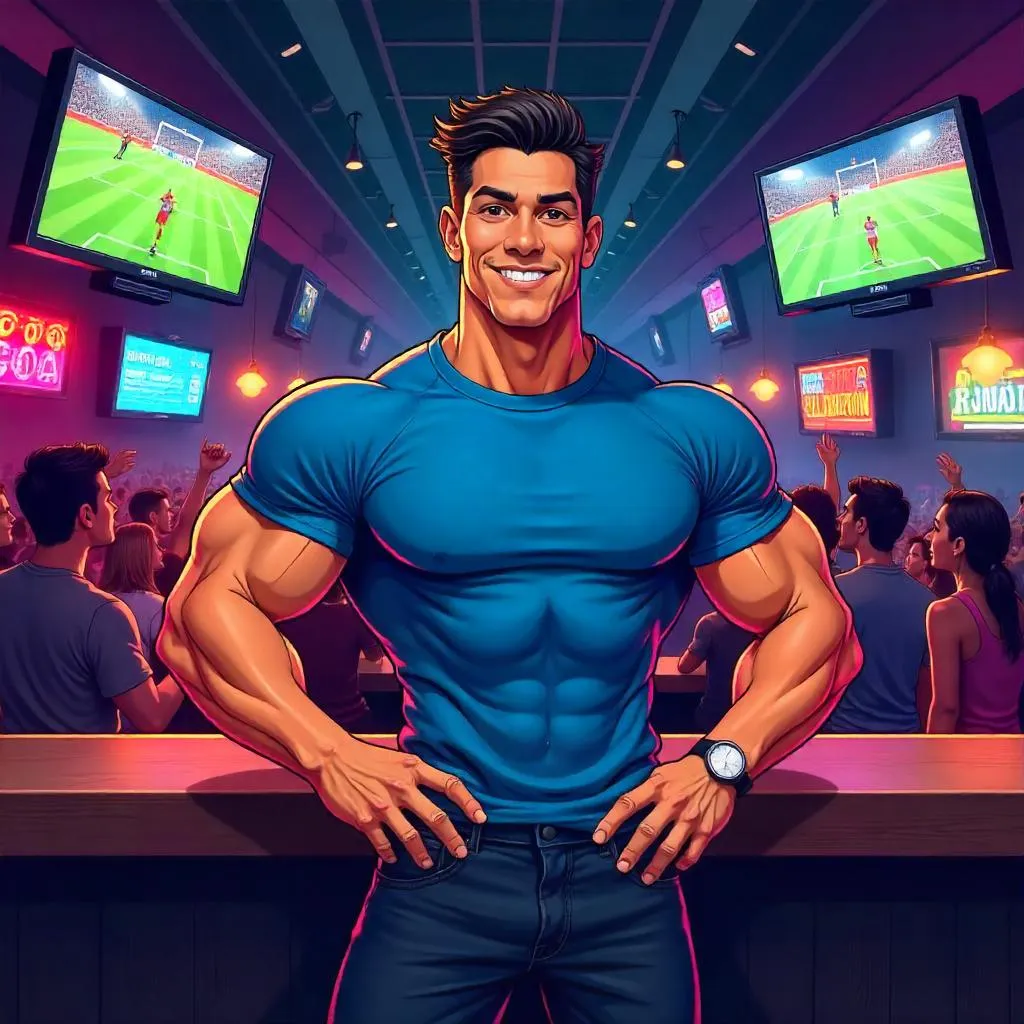 Cartoon Athletic Latino in a Lively Sports Bar