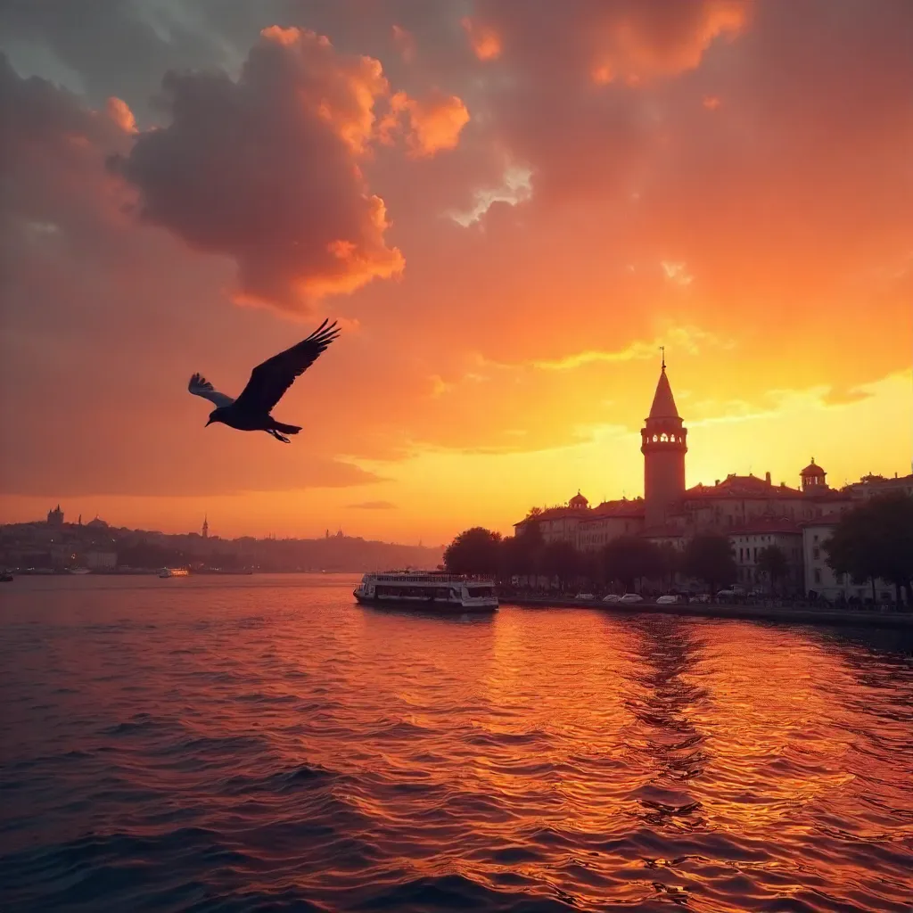 Bird over Golden Horn: Galata Tower at Sunset