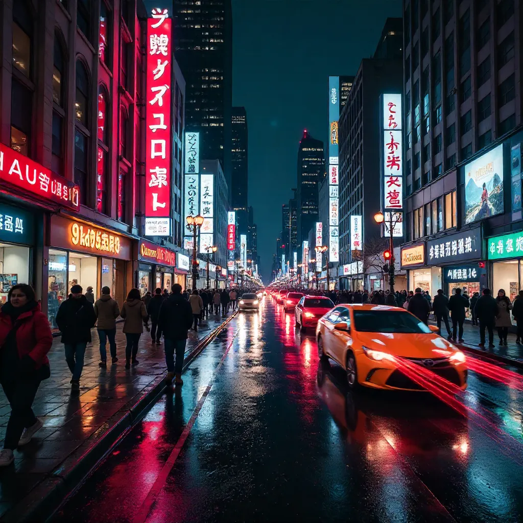 Dynamic Blur: Bustling Neon City Street