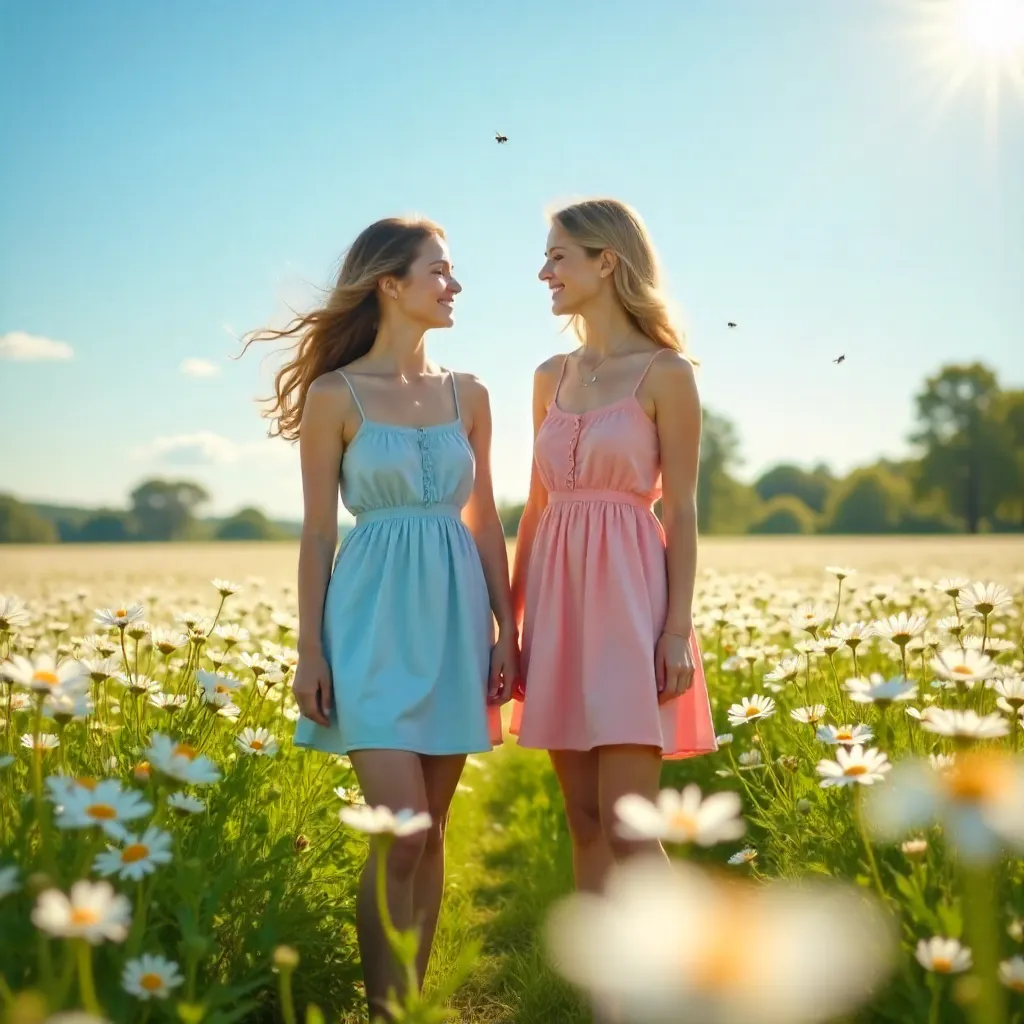 Two Young Women in a Sunlit Daisy Field