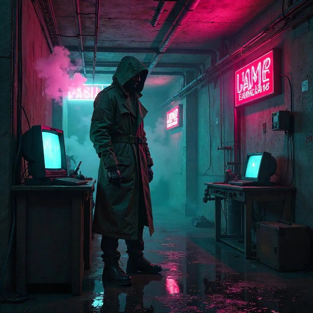 Rogue in Neon Basement: Cyberpunk Moment