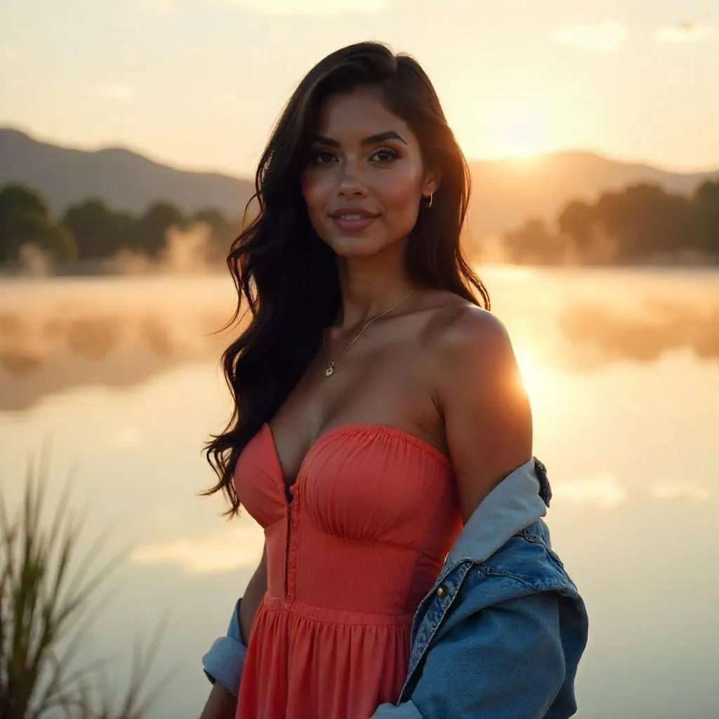 Stylish Latina by a Lake: Photorealistic Portrait