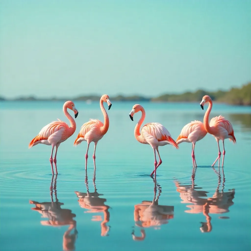 Flamingos in a Serene Blue Shallow Lagoon