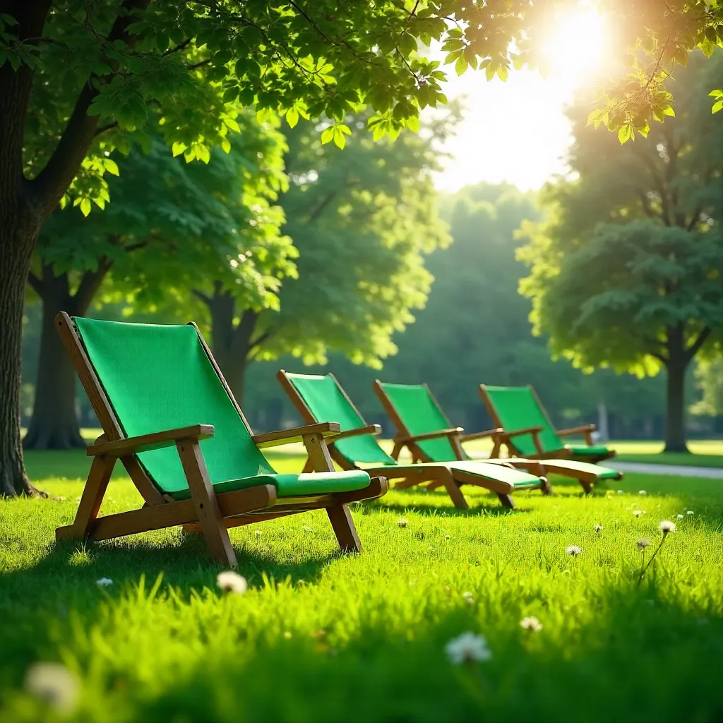 Sunlit Green Deck Chairs in a Lush Park