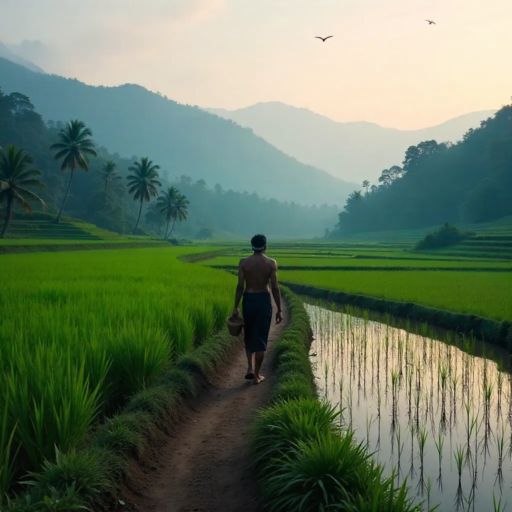 Lone Farmer Amid Bali's Green Rice Terraces