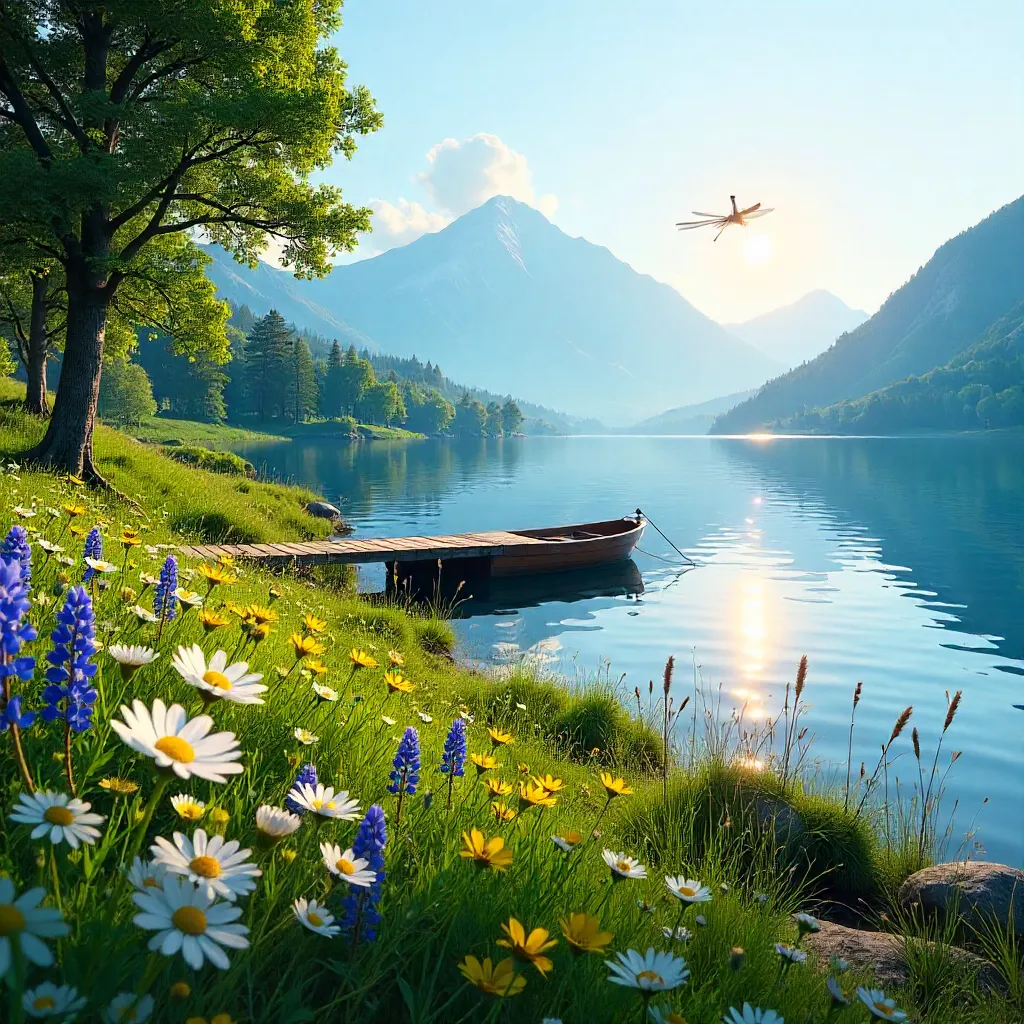 Summer Lake Vista with Wildflowers and Greenery