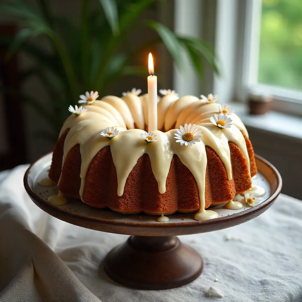 Golden Bundt Cake with Icing and Daisies