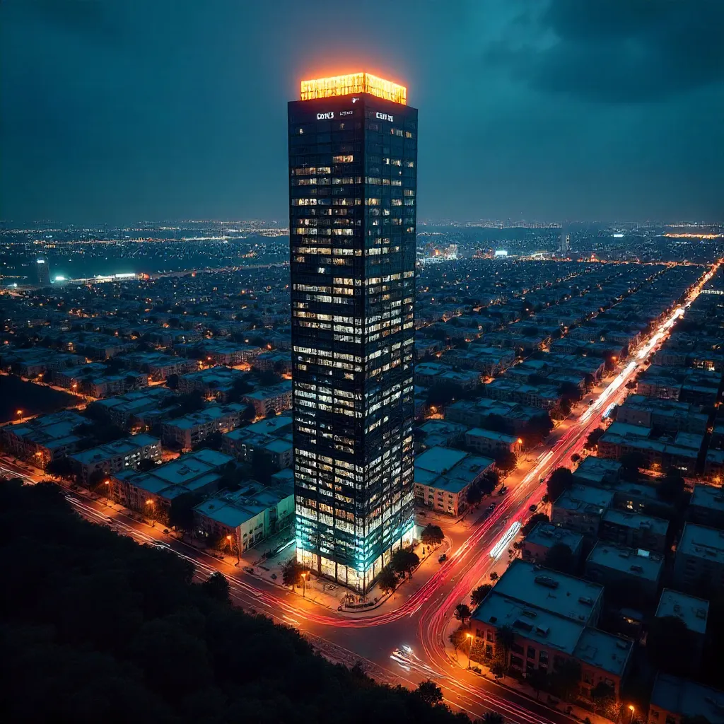 Dramatic Aerial Night: Glowing LA Skyscraper