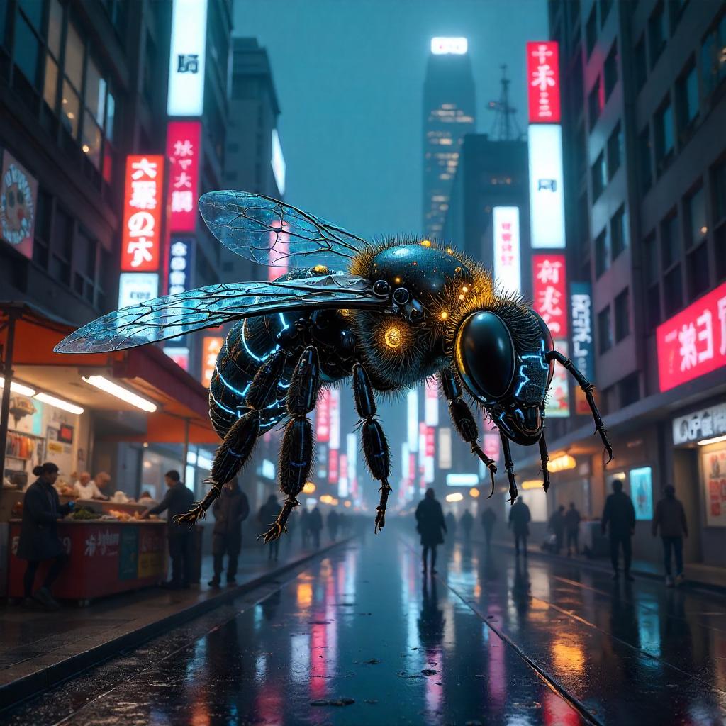 Neon Bee in a Cyberpunk Street Scene