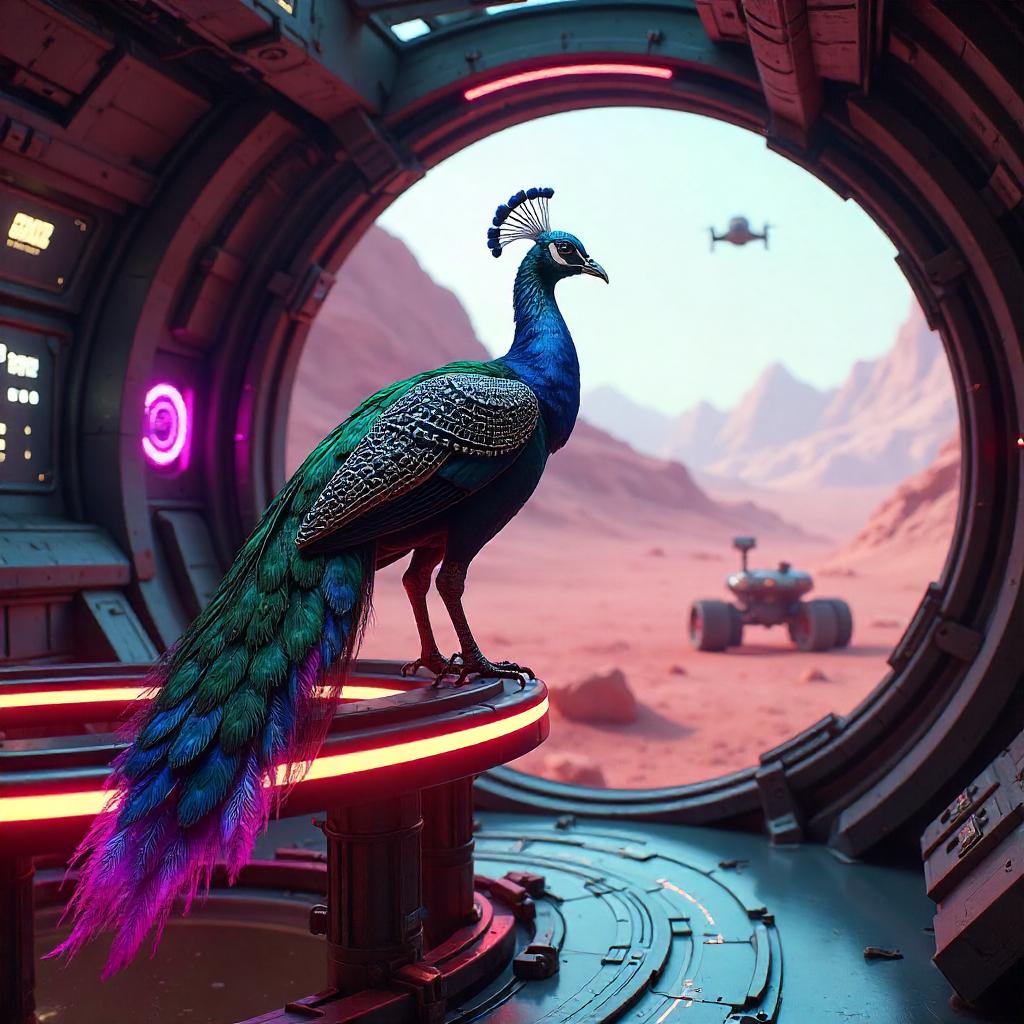 Cyberpunk Peacock in a Mars Base