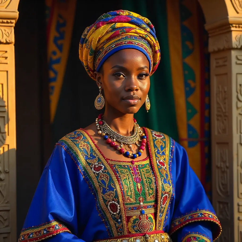 Vibrant African Attire Before a Decorative Backdrop