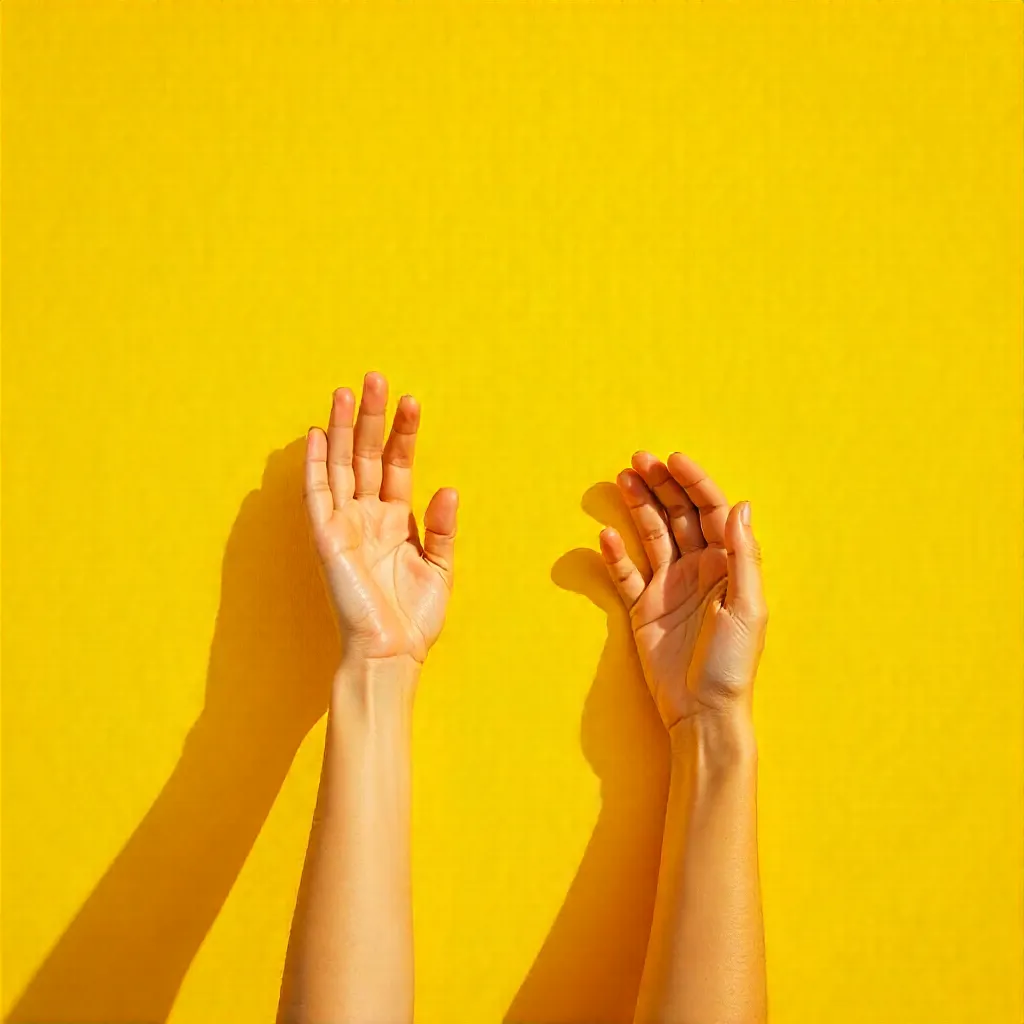 Two Hands Reaching Up on a Vibrant Yellow Wall
