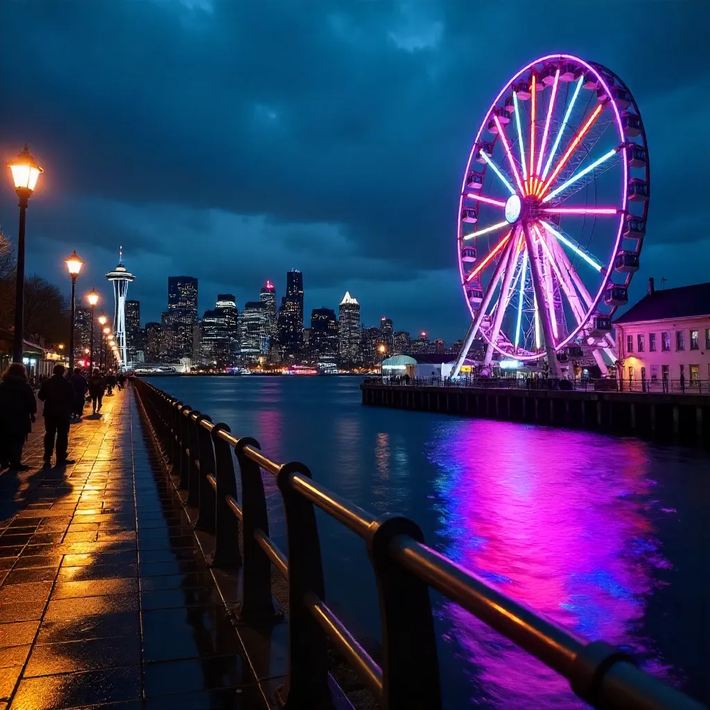 Vibrant Nightscape: Seattle Great Wheel & Waterfront Reflections
