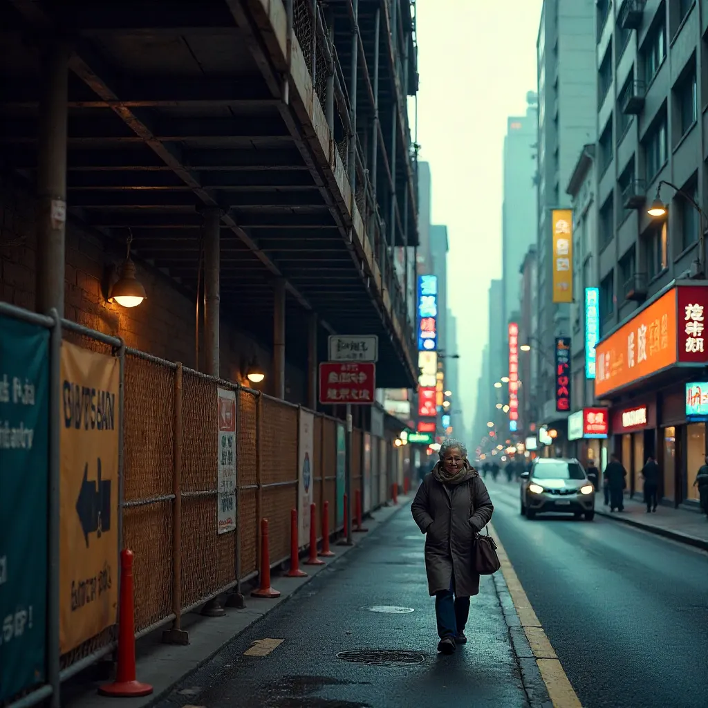 Elderly Woman Beneath City Construction