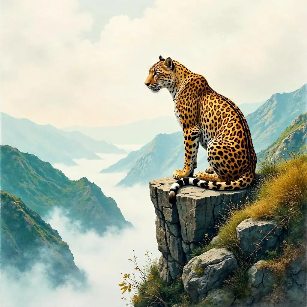 Leopard on a Cliff Edge in Watercolor