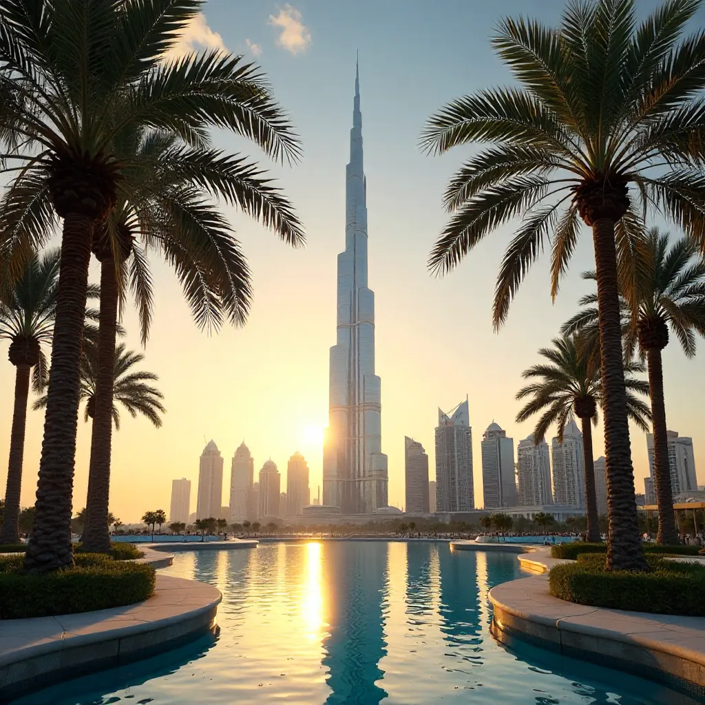 Sunlit Dubai: Burj Khalifa with Palms and Modern Skyline