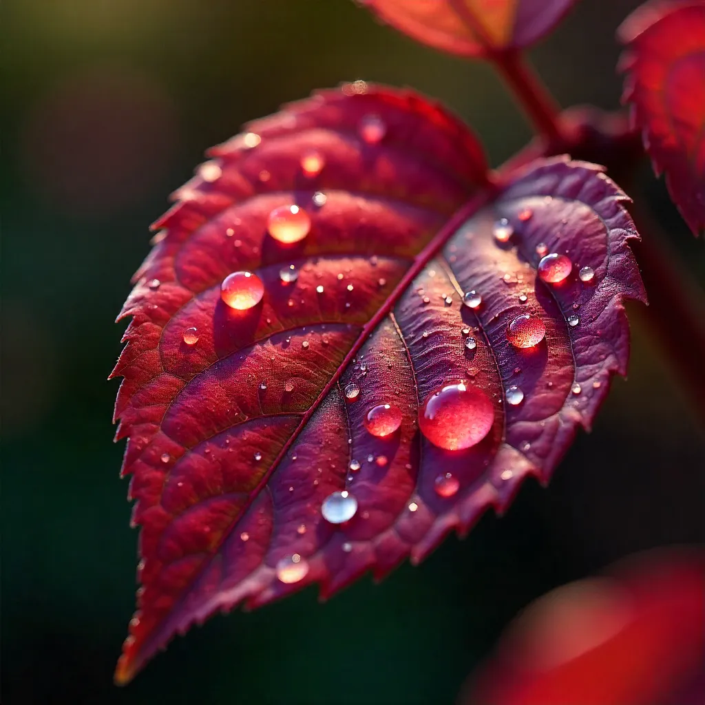 Dew-kissed Red Leaf Macro: Prismatic Drops