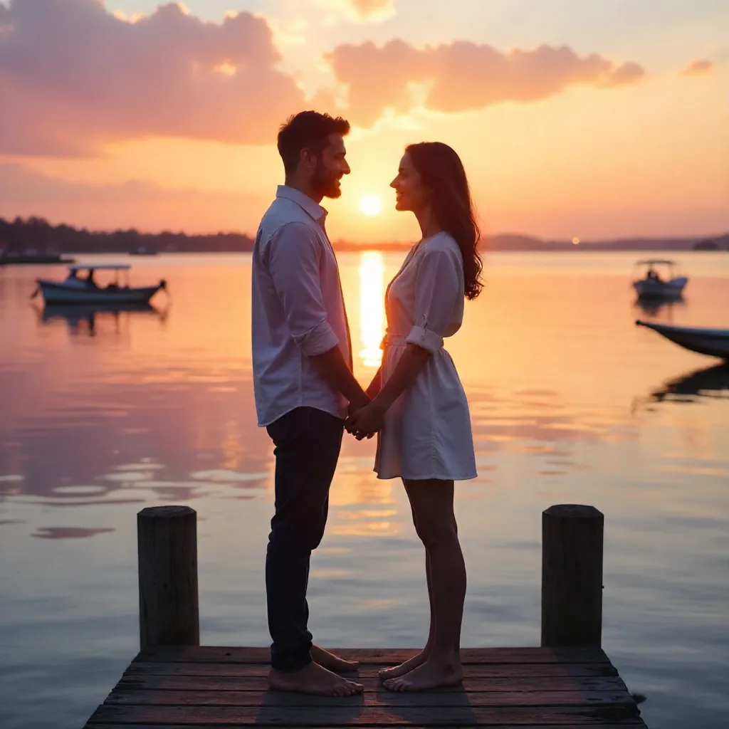 Holding Hands by the Tranquil Waterfront at Sunset