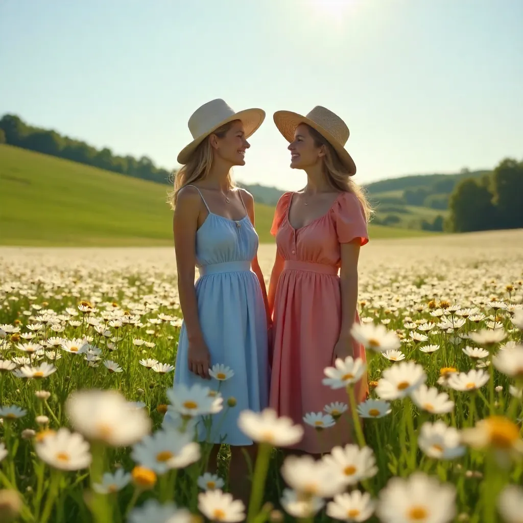Two Women in a Daisy Field on a Summer Day